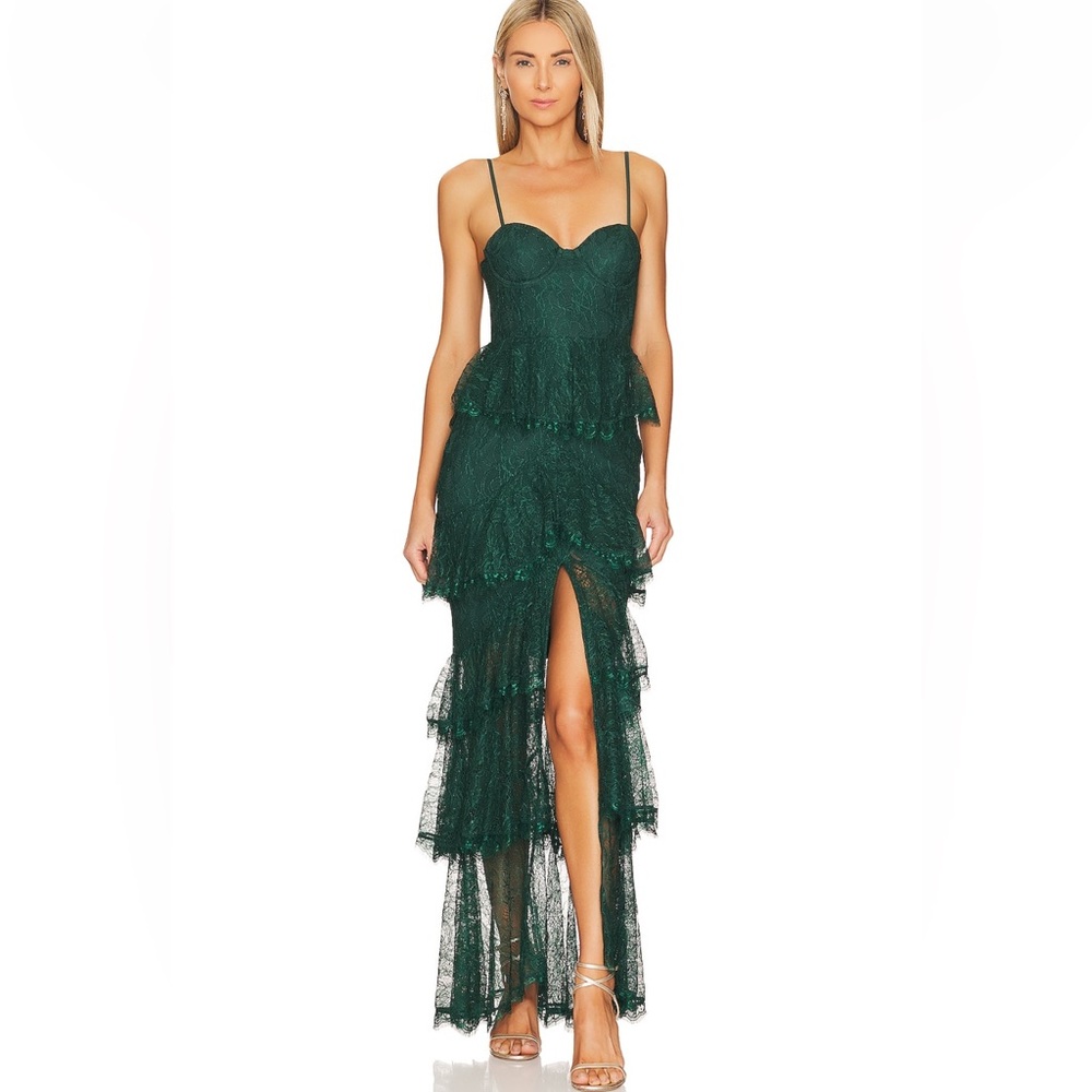 MAJORELLE Dark Green Lace Maxi Dress